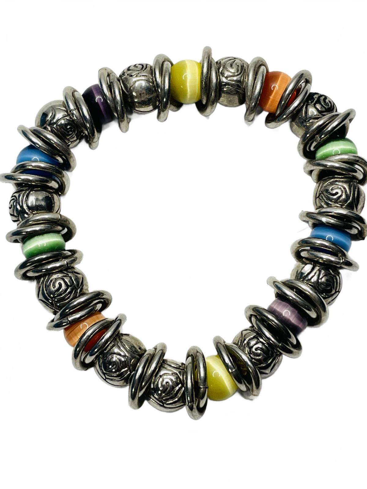 Silver Tone Multicolor Beaded Stretch Bracelet