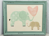 Hobby Lobby Art Teal Wooden Frame with Painted Elephants Mama/Baby 16" x 13"