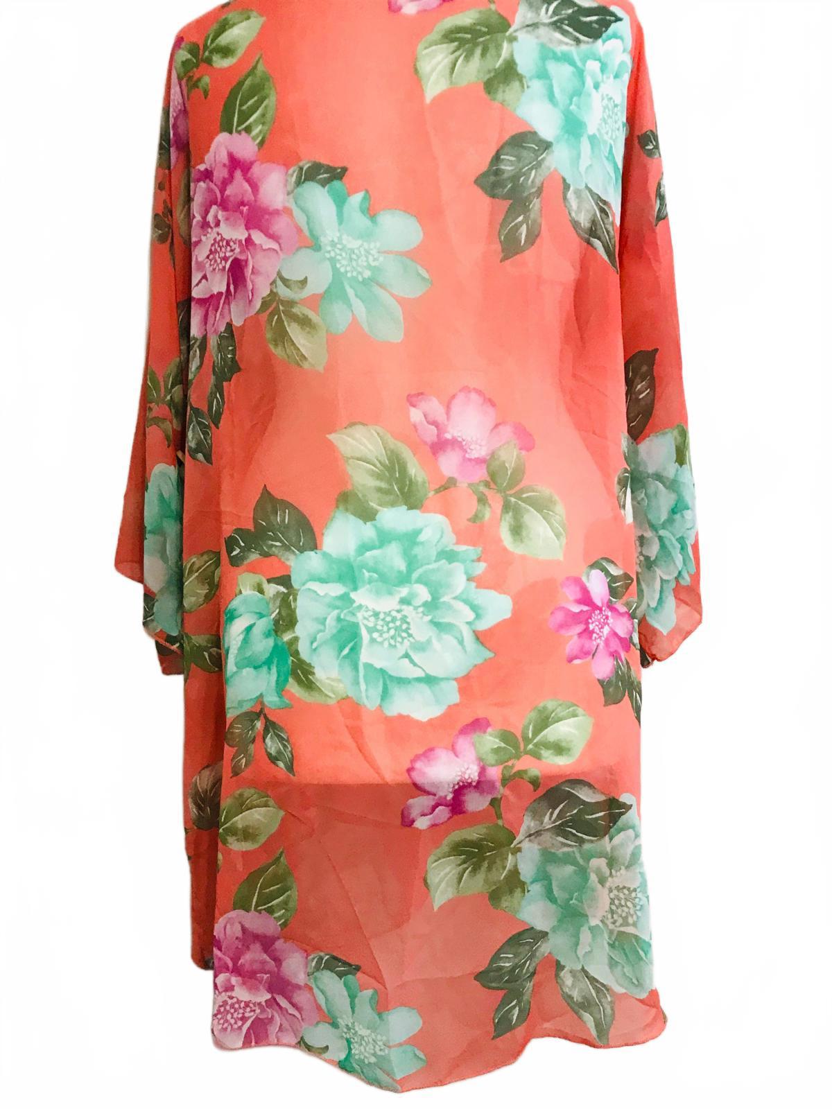 Sheer Orange Floral Open Front Flowy Shawl/Cardigan/Cover Up Ladies ONE SIZE