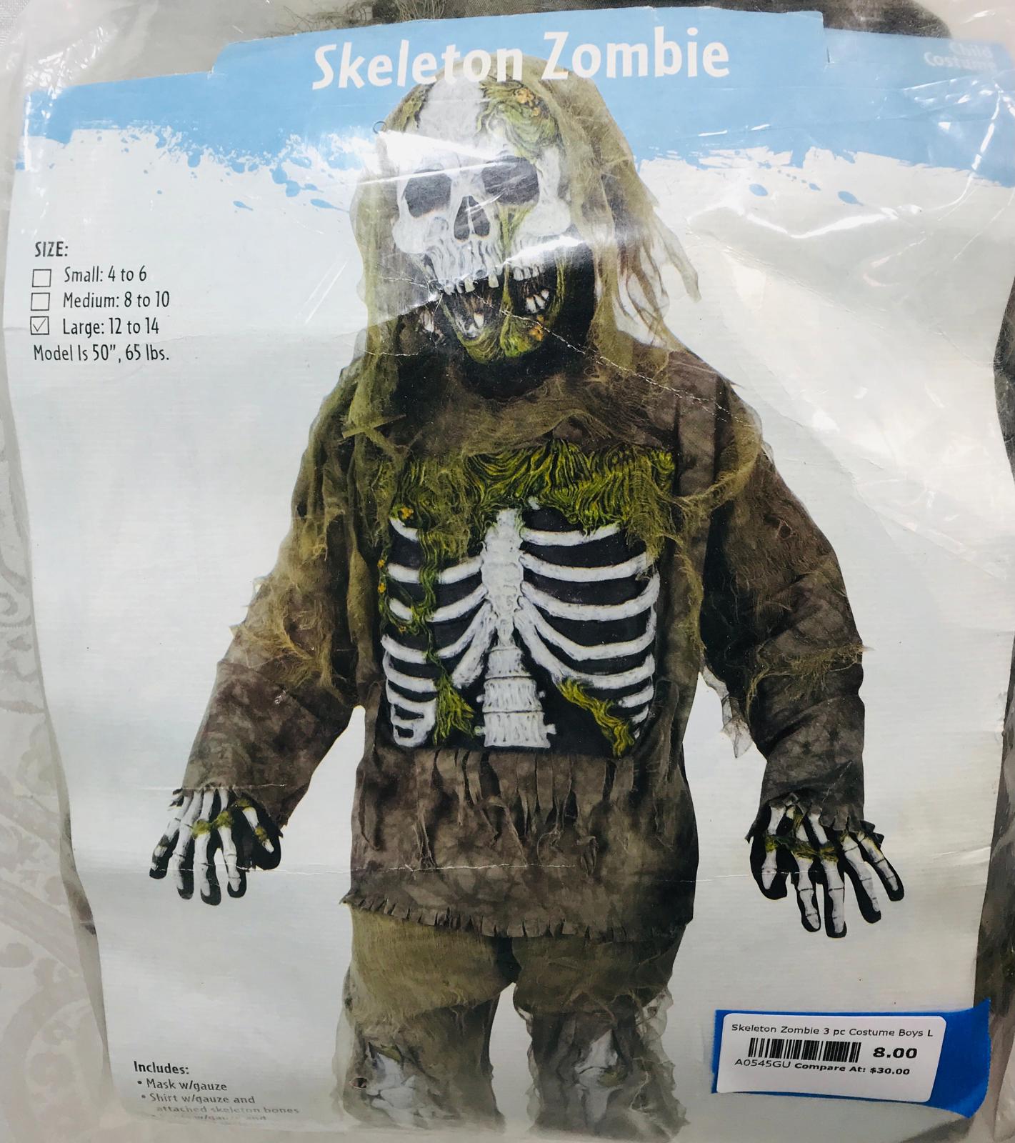COSTUME Skeleton Zombie 3 pc Costume Boys Girls Unisex Child L