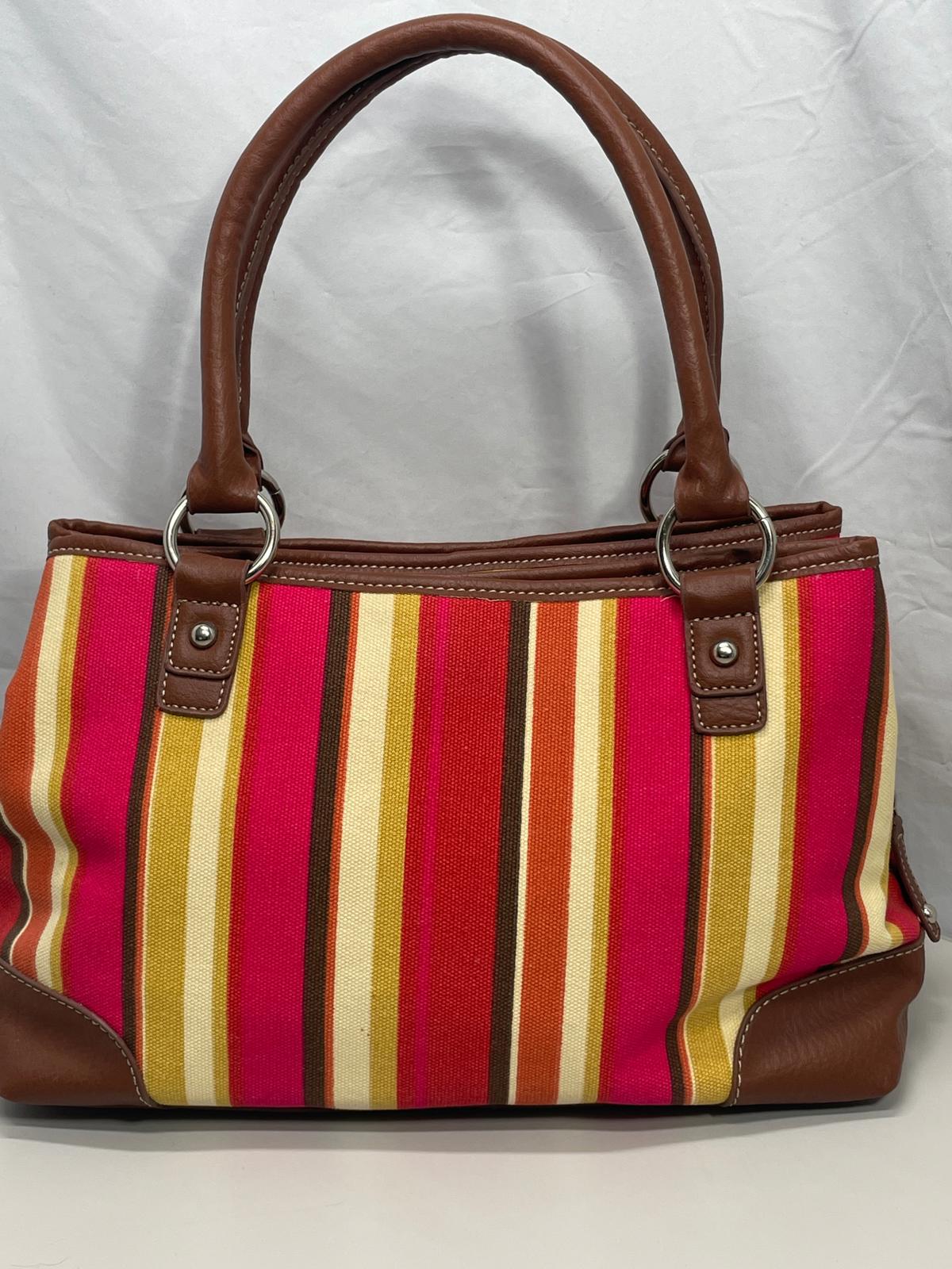 Merona Purse Multi Color Pink Gold Tan Shoulder Straps 3 Large Pockets