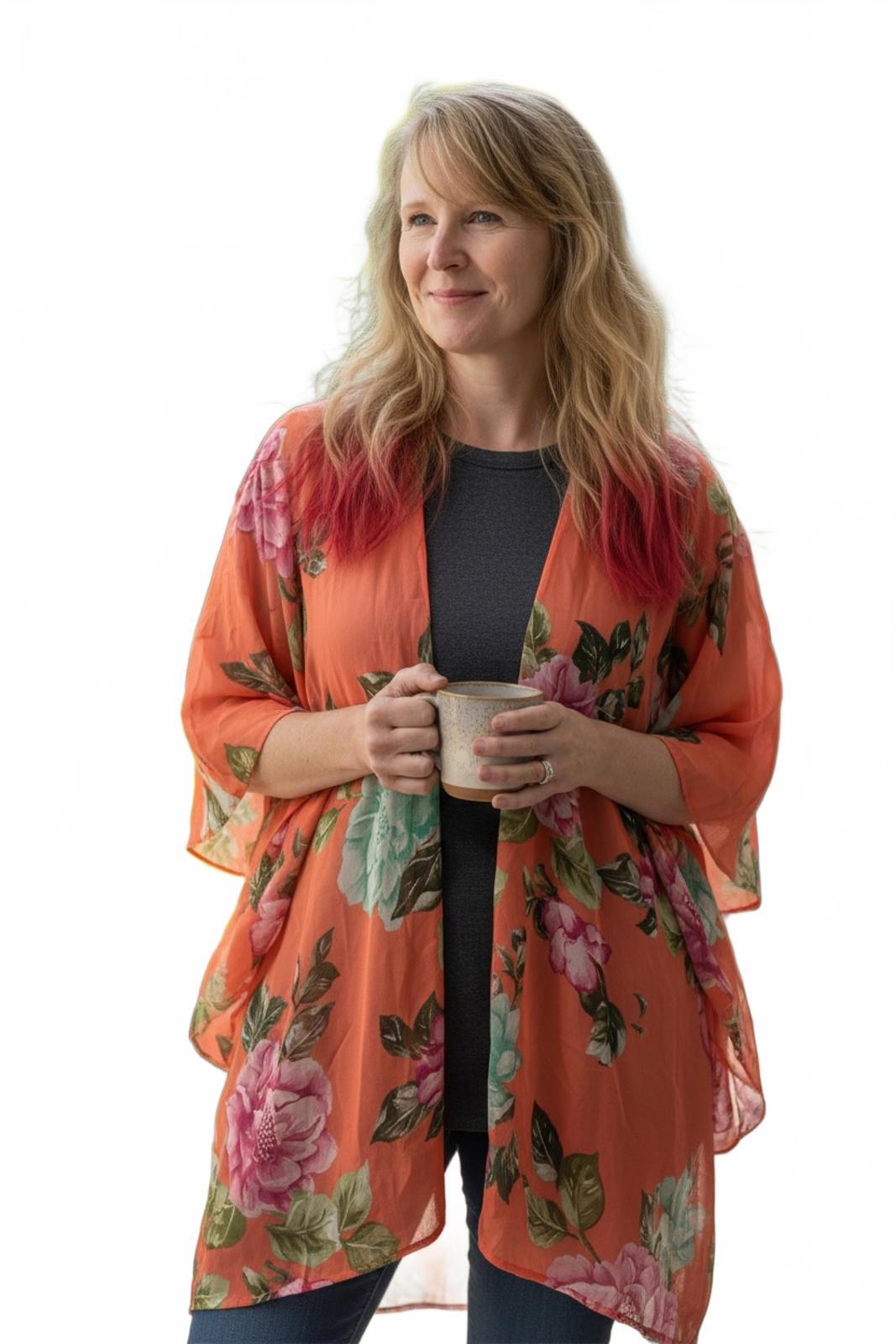 Sheer Orange Floral Open Front Flowy Shawl/Cardigan/Cover Up Ladies ONE SIZE