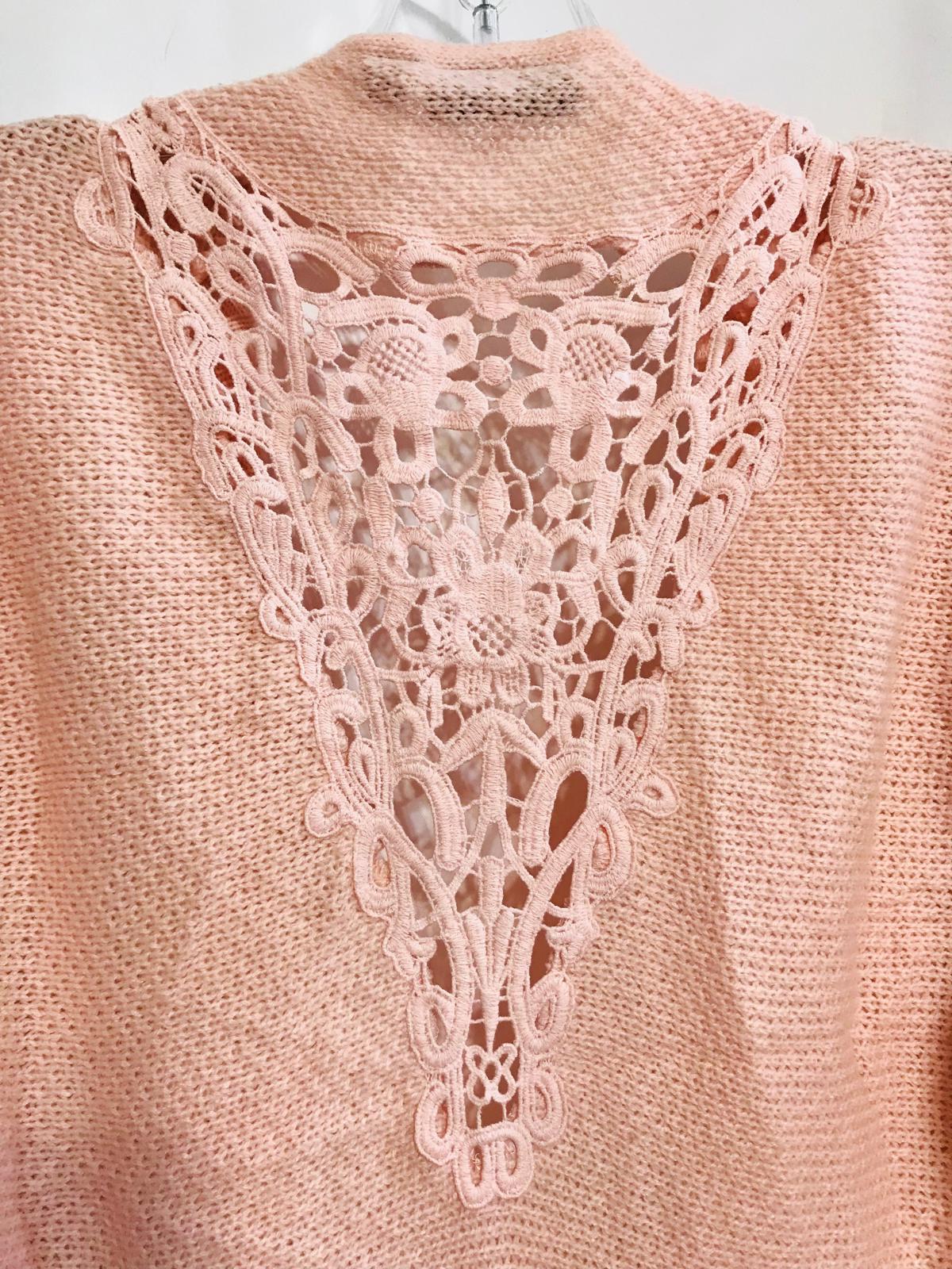 Versona Pink Cardigan Shawl Sweater Crochet Lace Detail on Back Ladies S