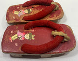 Vintage Japanese Geta Wooden Sandals with Red Fabric Straps  Child Size 6"