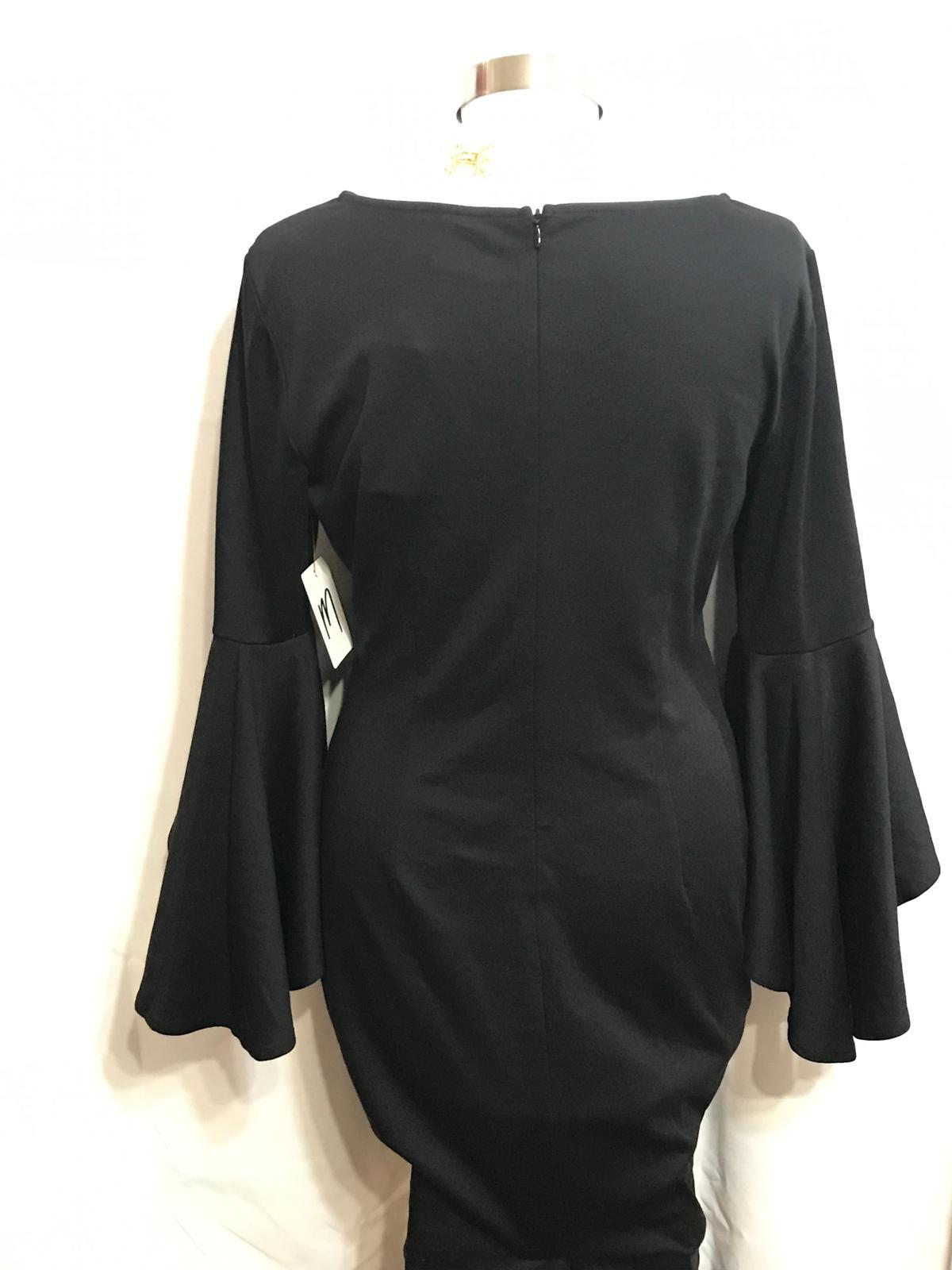 VFShow Cocktail Evening Dress Black Form Fitting 3/4 Ruffle Bell Sleeve Ladies M