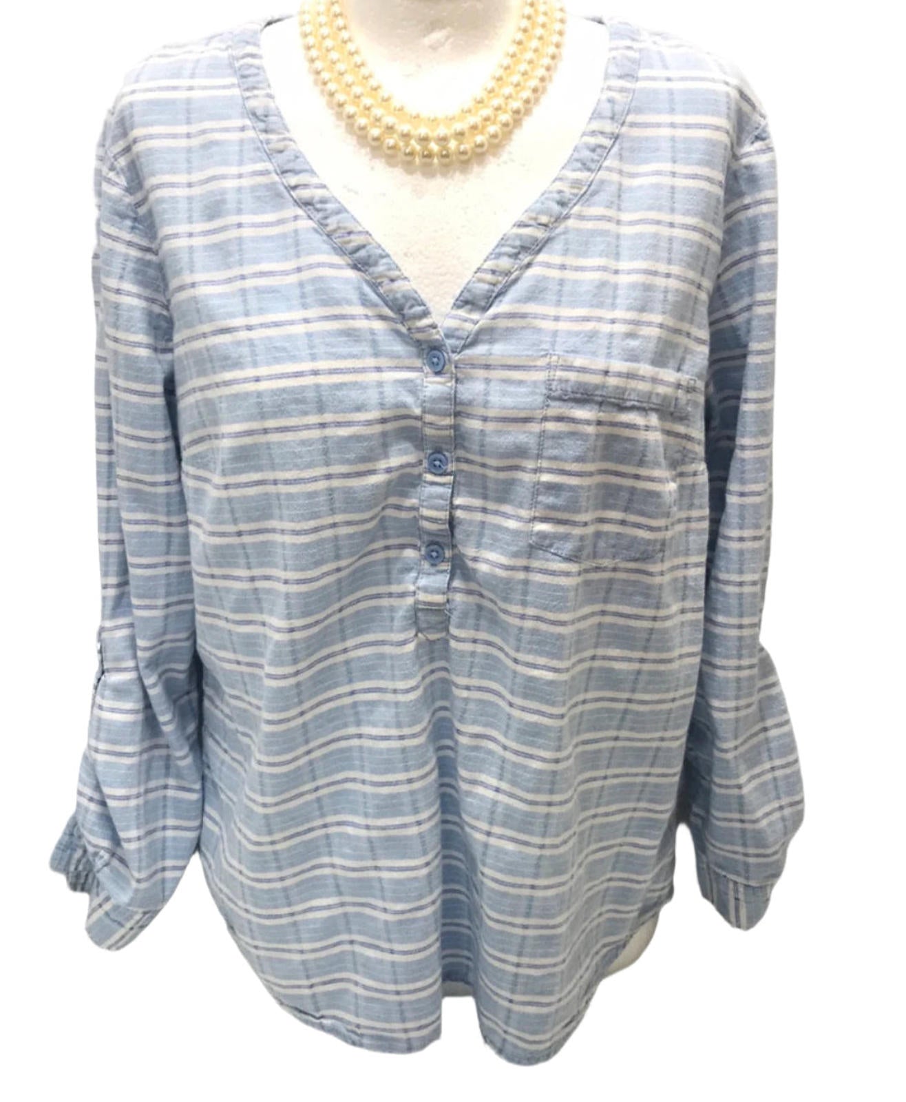 Retro Faded Glory Blue and White Stripe Shirt Ladies L 12/14