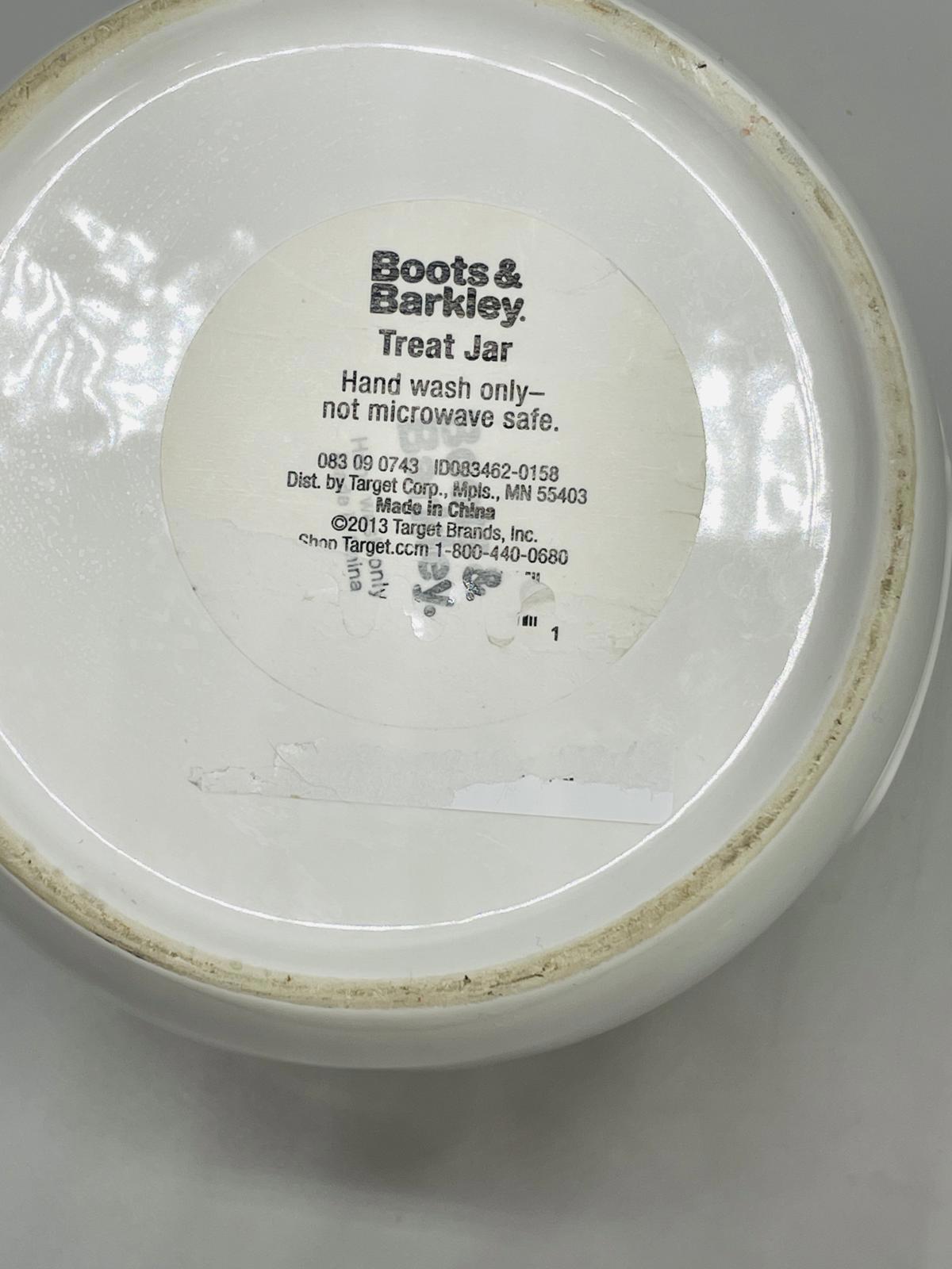Boots & Barkley Pet Treat Jar Cermaic White with Chalk Label Silver Top