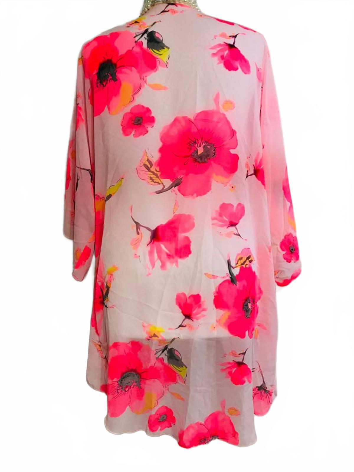 Sheer Bright Pink Flowers Open Front Flowy Shawl / Cover Up Ladies ONE SIZE