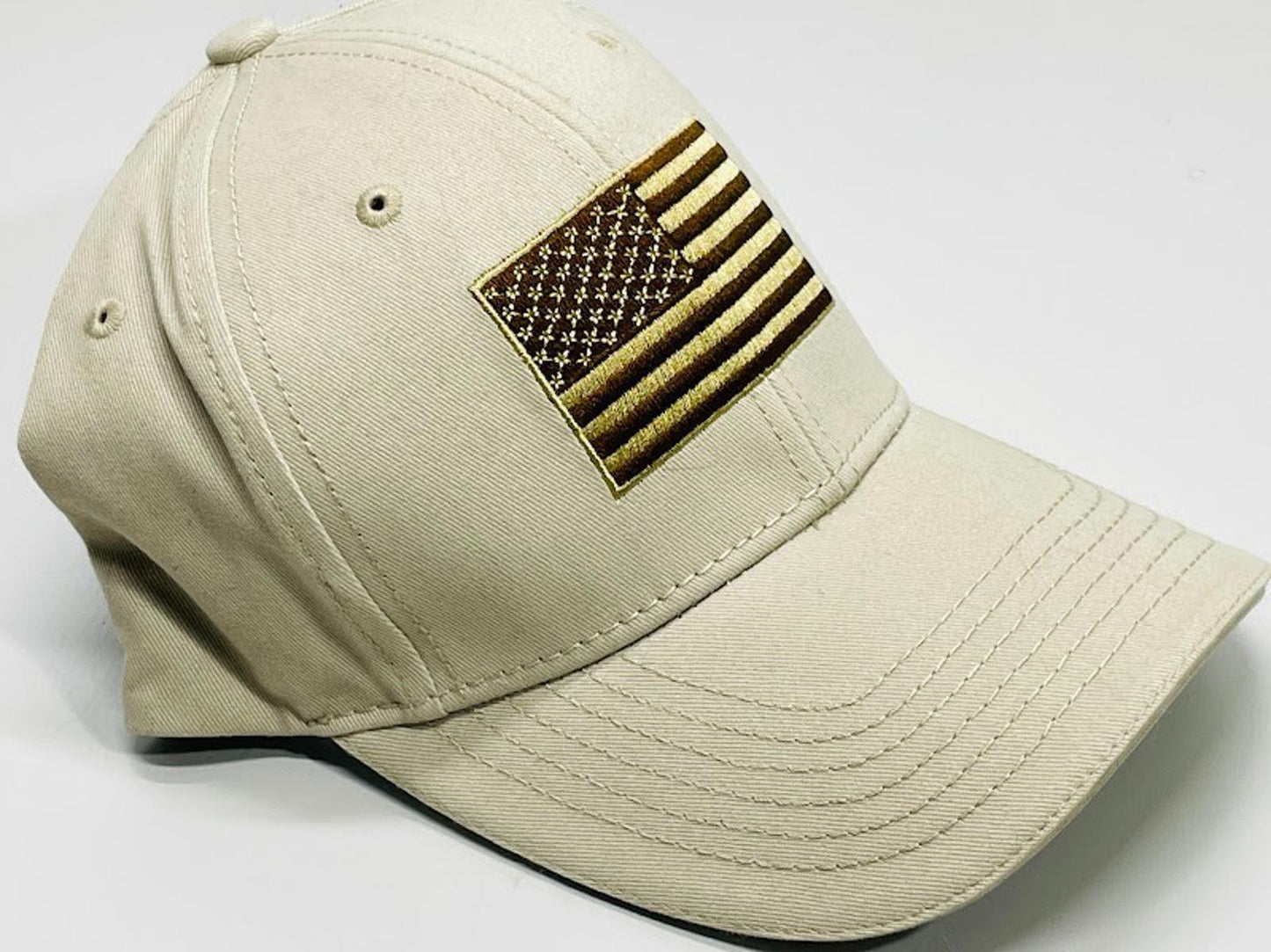 Beige Baseball Cap with Embroidered American Flag Patch
