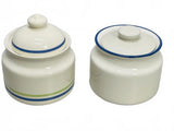 Pfaltzgraff VINTAGE 2 PC Cream/Sugar Bowls Ceramic Beige with Blue Stripes 3" x 4"