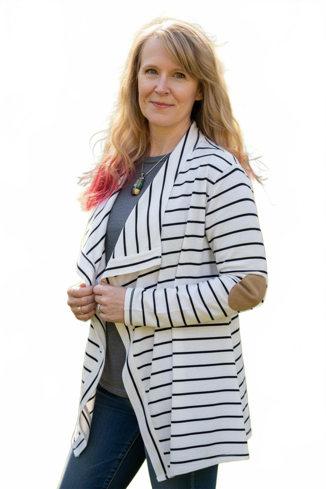 White & Black Striped Cardigan Sweater w/ Khaki Elbow Patches Ladies S