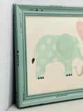Hobby Lobby Art Teal Wooden Frame with Painted Elephants Mama/Baby 16" x 13"