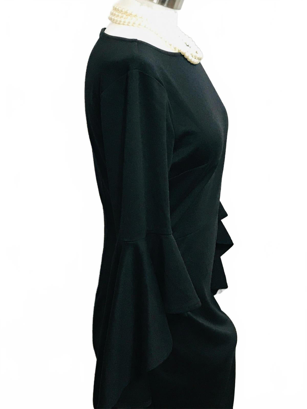 VFShow Cocktail Evening Dress Black Form Fitting 3/4 Ruffle Bell Sleeve Ladies M