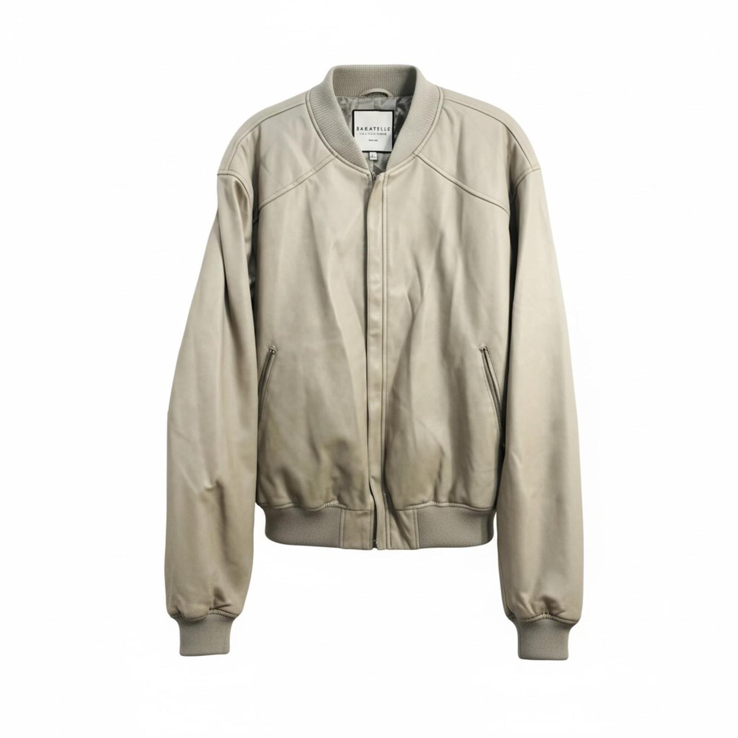 Bagatelle Beige Bomber Jacket with Ribbed Cuffs and Hem Vegan Leather Ladies L