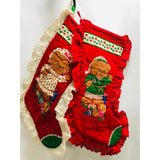 Vintage Handmade Christmas Stocking SET Red Quilted Mr /Mrs Teddy Bear Lace Trim