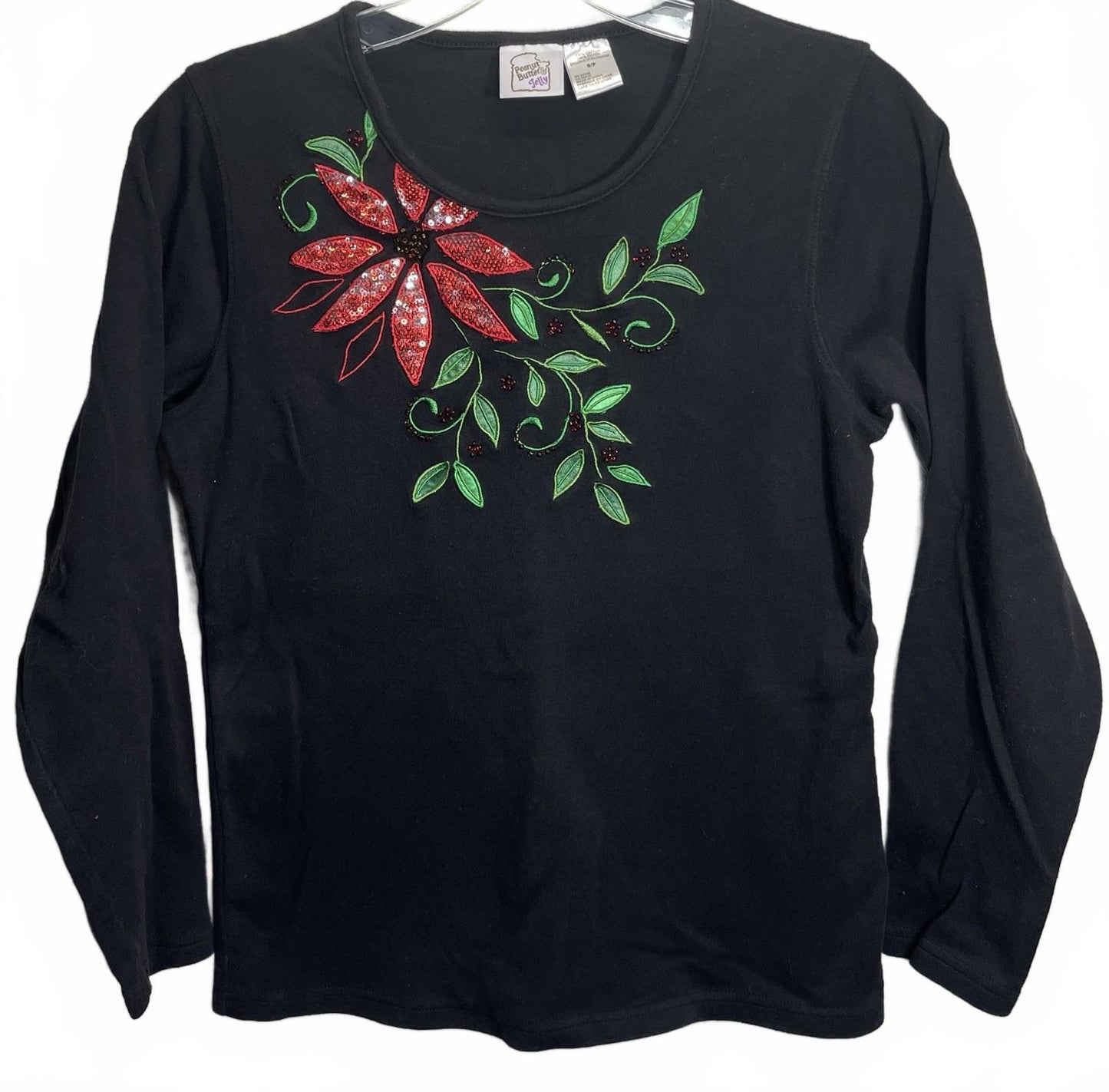 VINTAGE Peanut Butter & Jelly Shirt Christmas Poinsettia Black Women's Small