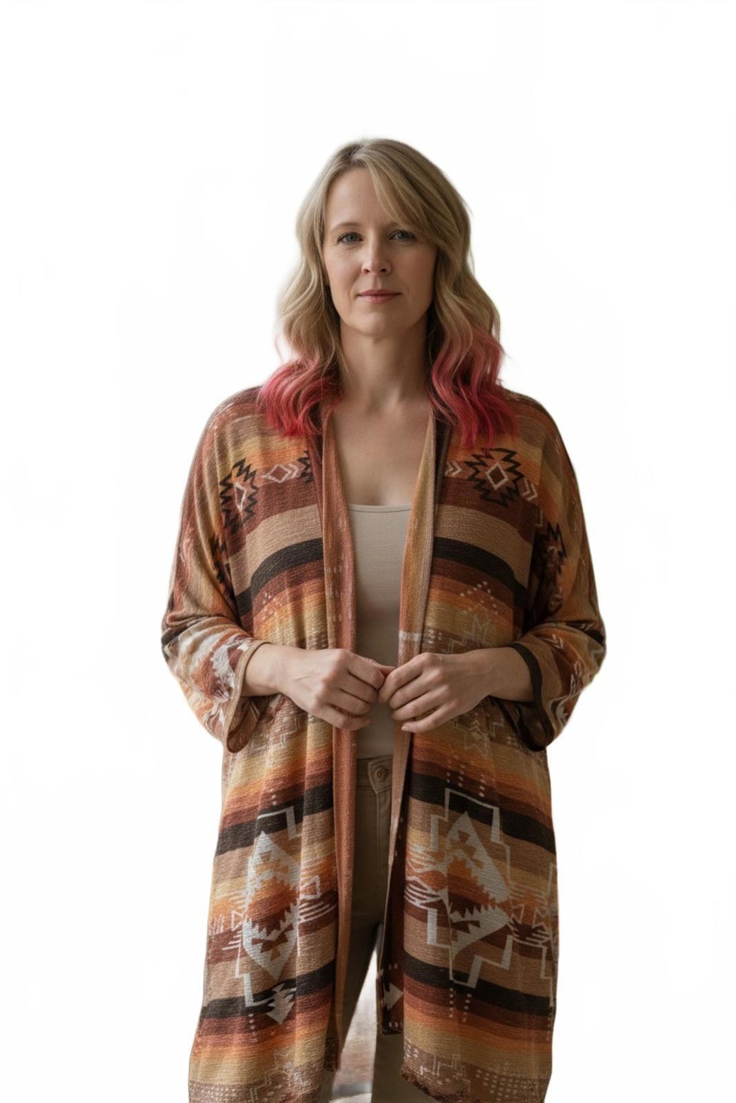 Bohemian Patterned Long Open Front Kimono Cardigan Southwest design Ladies S