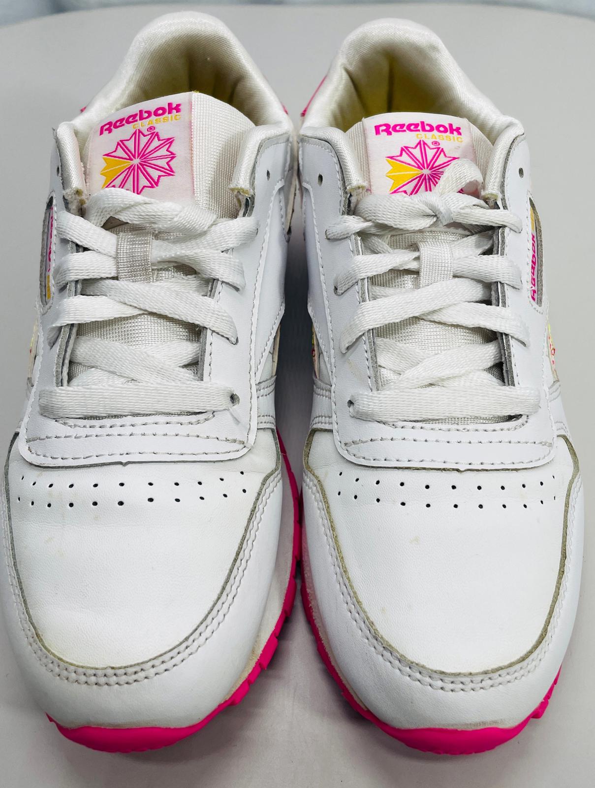 Reebok Classic Running Sneaker White & Pink with Pink Flowers Girls 3