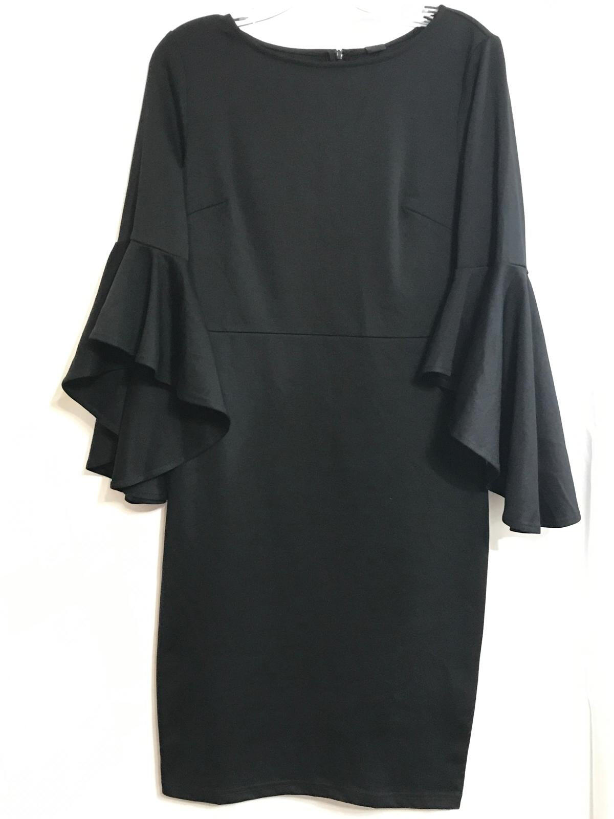 VFShow Cocktail Evening Dress Black Form Fitting 3/4 Ruffle Bell Sleeve Ladies M