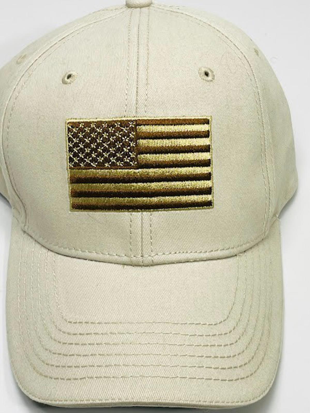 Beige Baseball Cap with Embroidered American Flag Patch