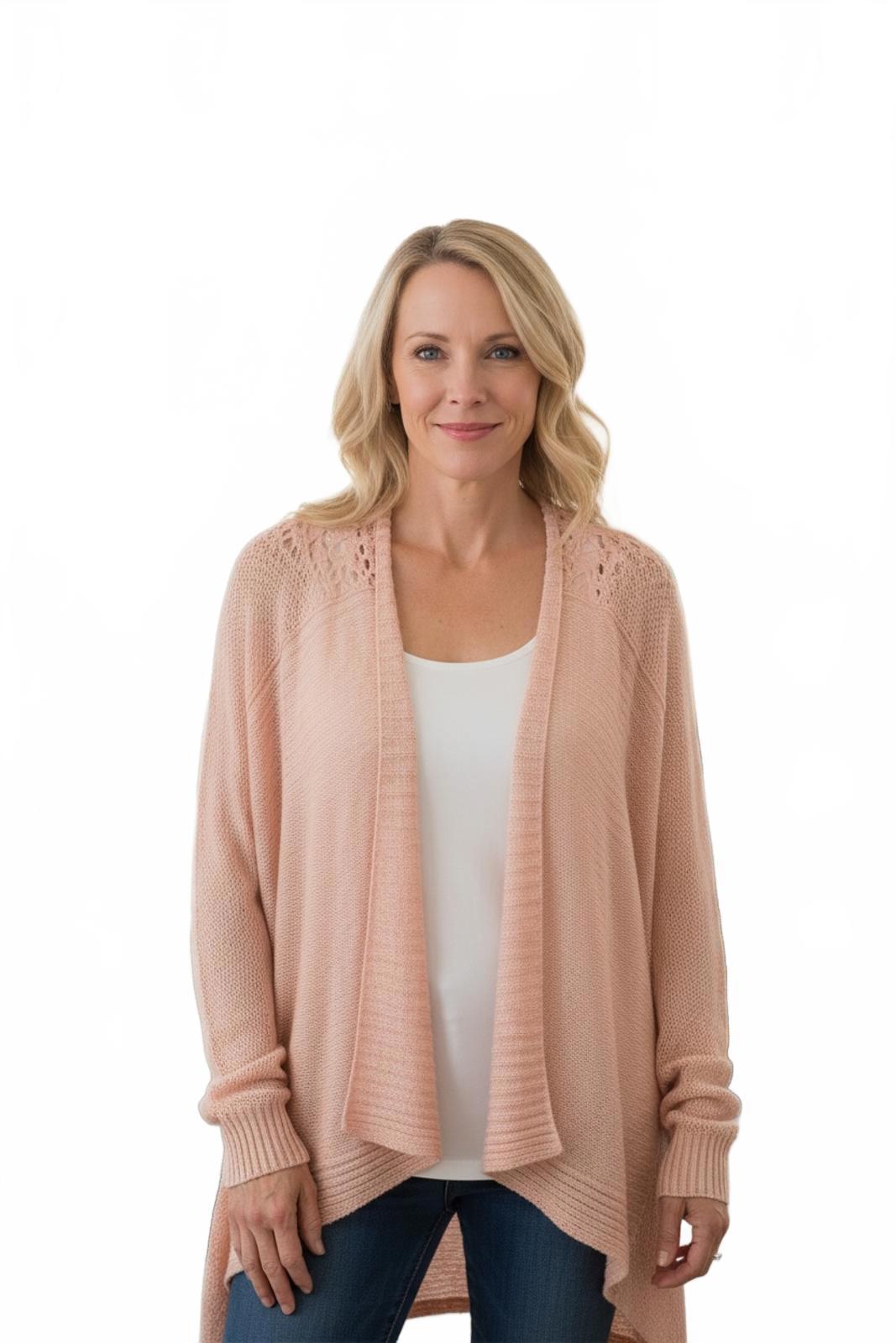 Versona Pink Cardigan Shawl Sweater Crochet Lace Detail on Back Ladies S