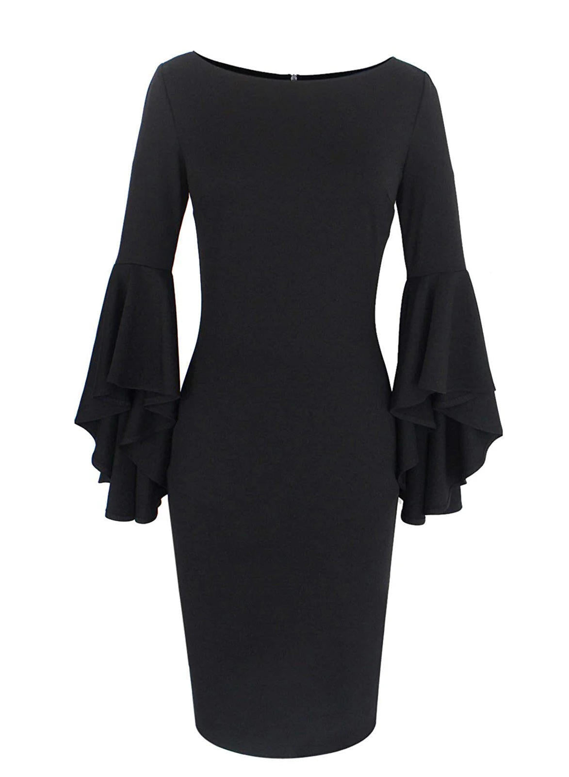 VFShow Cocktail Evening Dress Black Form Fitting 3/4 Ruffle Bell Sleeve Ladies M