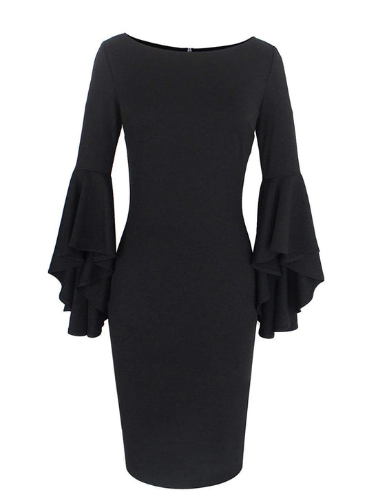VFShow Cocktail Evening Dress Black Form Fitting 3/4 Ruffle Bell Sleeve Ladies M