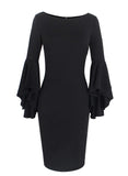 VFShow Cocktail Evening Dress Black Form Fitting 3/4 Ruffle Bell Sleeve Ladies M