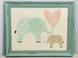 Wall Art Hobby Teal Lobby Wooden Frame with Painted Elephants Mama/Baby 16" x 13"