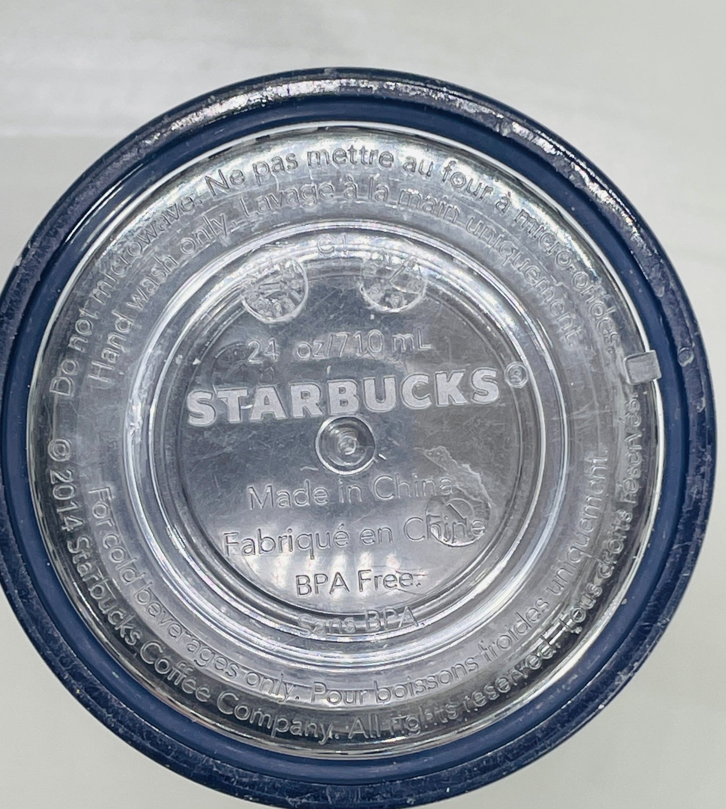 Starbucks 2014 Cold Tumbler Clear Acrylic with Black Circles 24 oz Lt scratching No Straw
