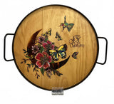 Handmade Handpainted Graphic Round Tray Wooden with Metal Handles Butterflies