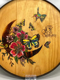 Handmade Handpainted Graphic Round Tray Wooden with Metal Handles Butterflies