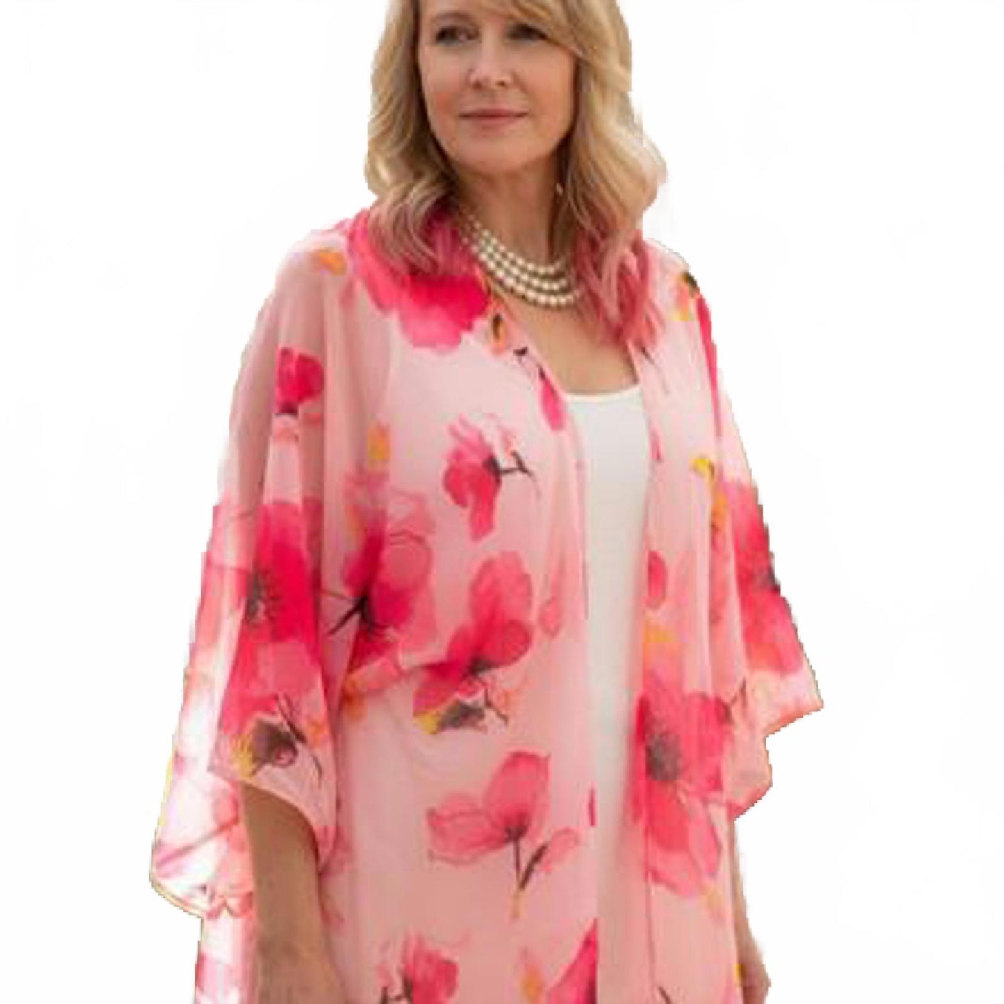 Sheer Bright Pink Flowers Open Front Flowy Shawl / Cover Up Ladies ONE SIZE
