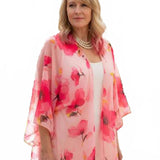 Sheer Bright Pink Flowers Open Front Flowy Shawl / Cover Up Ladies ONE SIZE