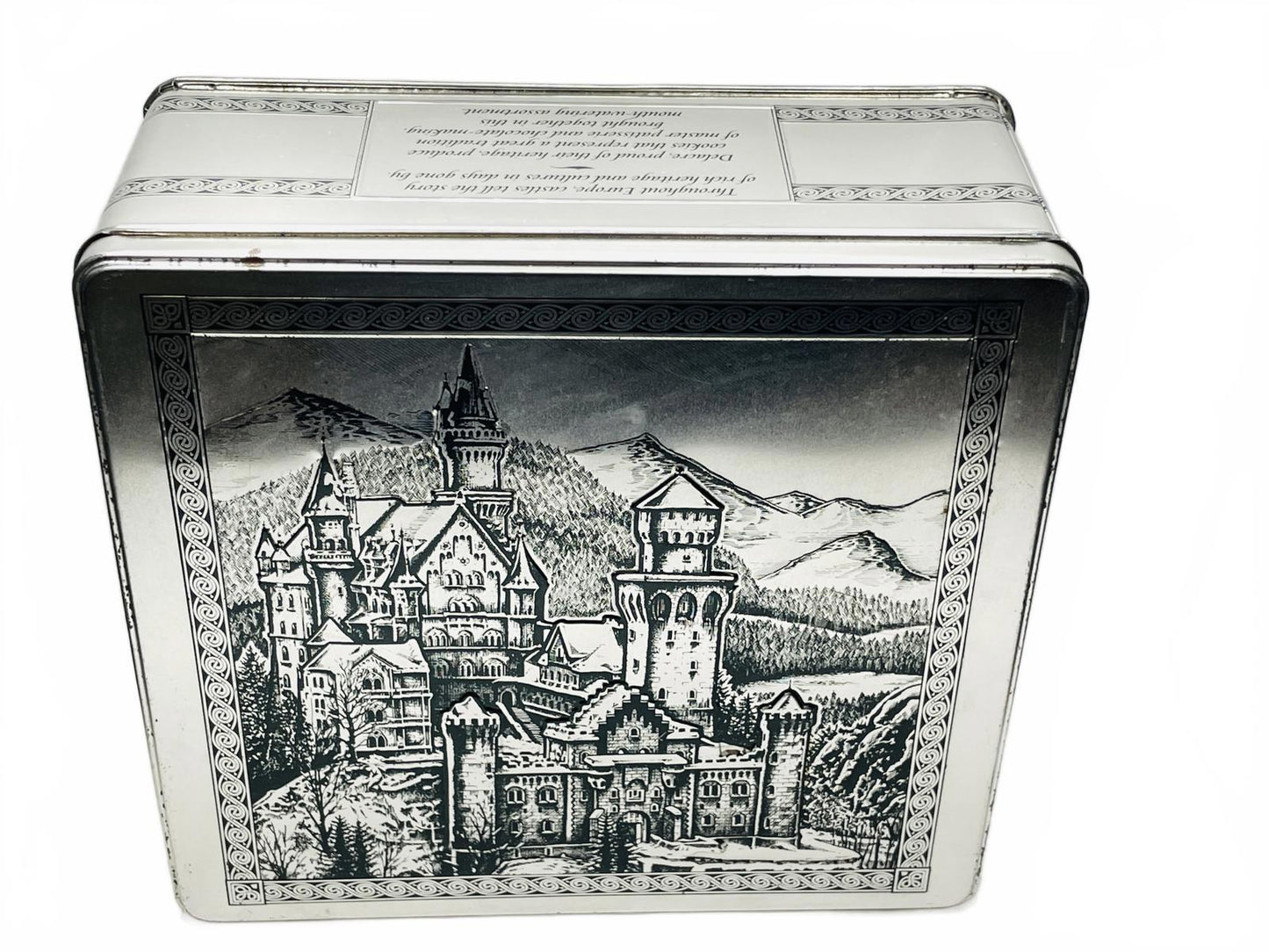 Vintage Tin Box European Castle Silver Square Embossed