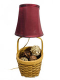 Wooden Basket Lamp with Decorative Balls & Maroon Lamp Shade