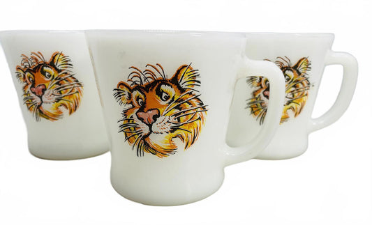 Anchor Hocking Vintage Fire King Milk Glass Mugs, Happy Tiger 4" - Set of 3
