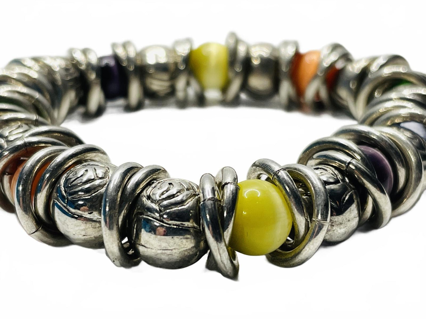 Silver Tone Multicolor Beaded Stretch Bracelet