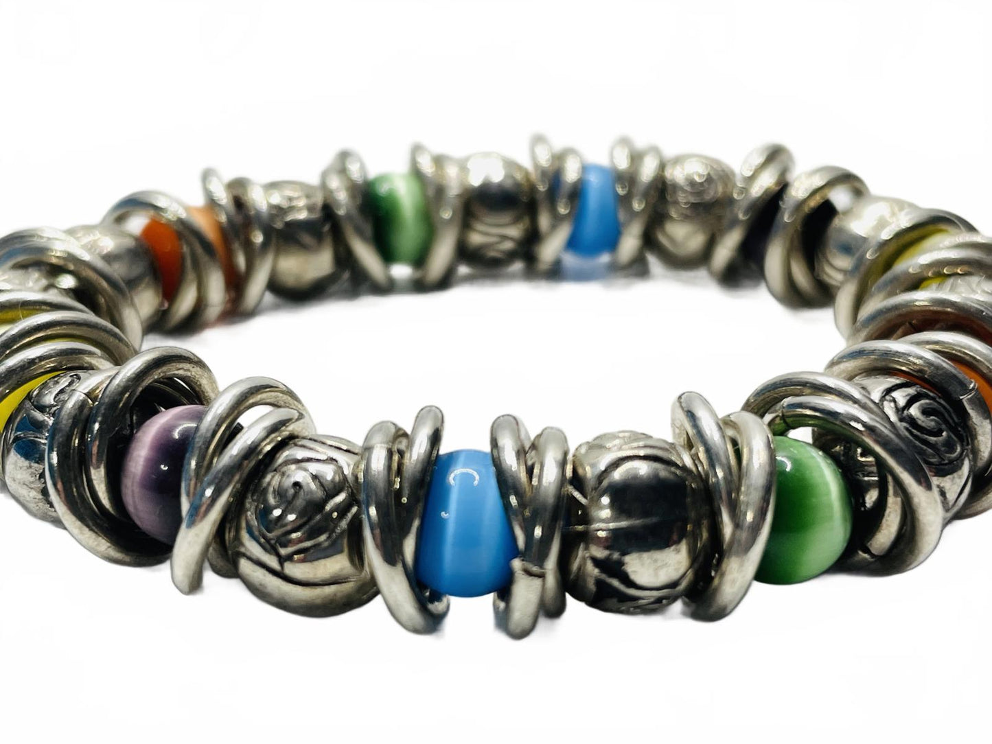 Silver Tone Multicolor Beaded Stretch Bracelet