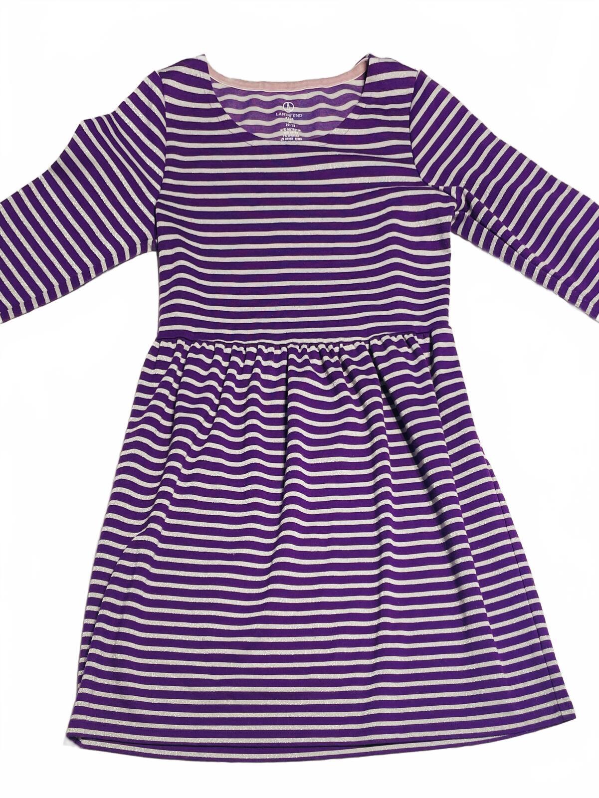 Lands End Kids Dress Long Sleeve Purple with Silver Glitter Stripes Girls 10/12