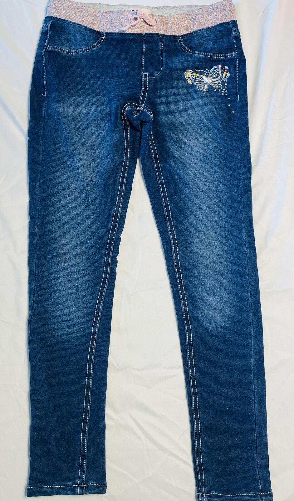 SO denim skinny jegging elastic waistband bedazzled butterfly accents girls 10