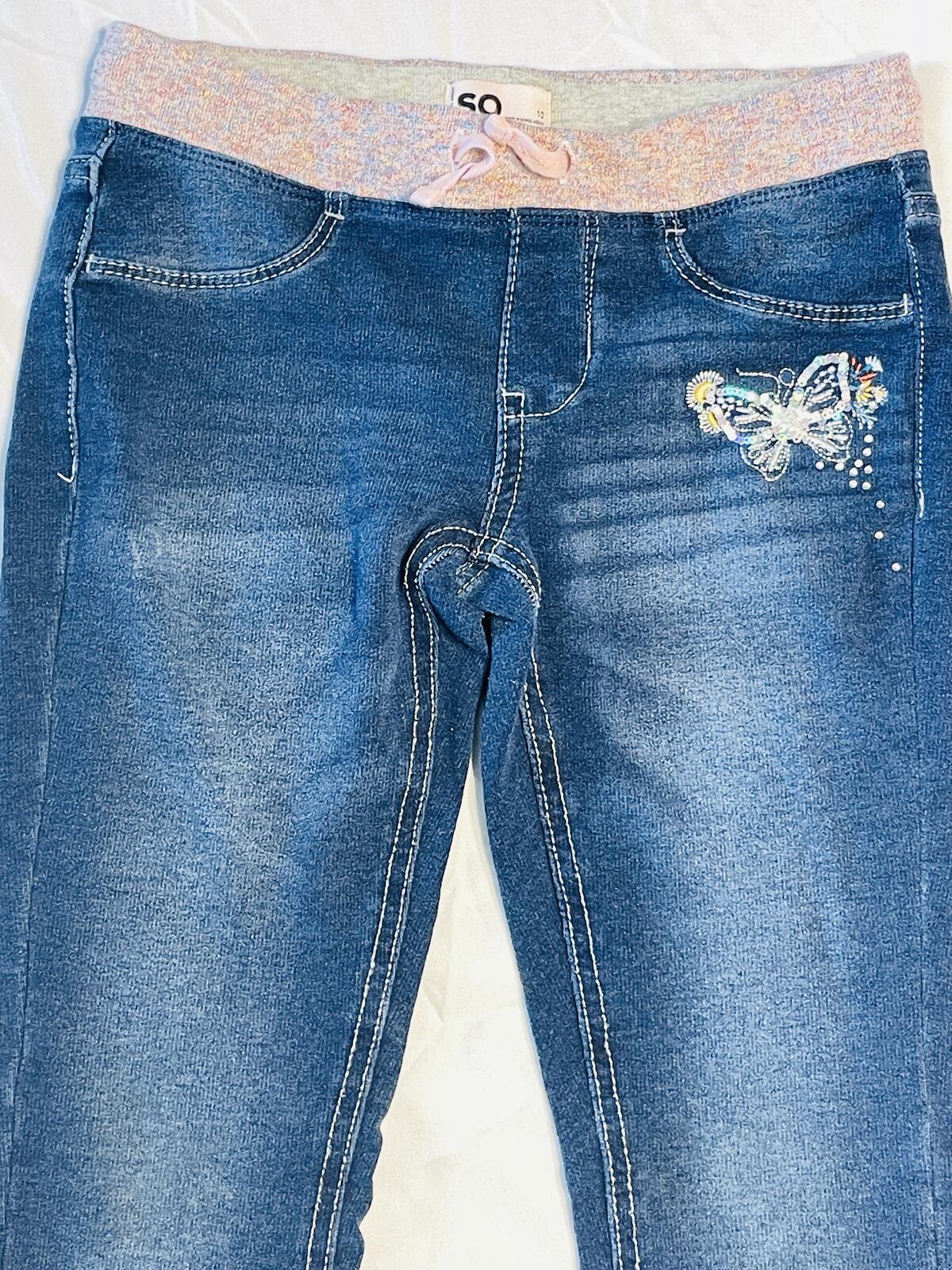 SO denim skinny jegging elastic waistband bedazzled butterfly accents girls 10