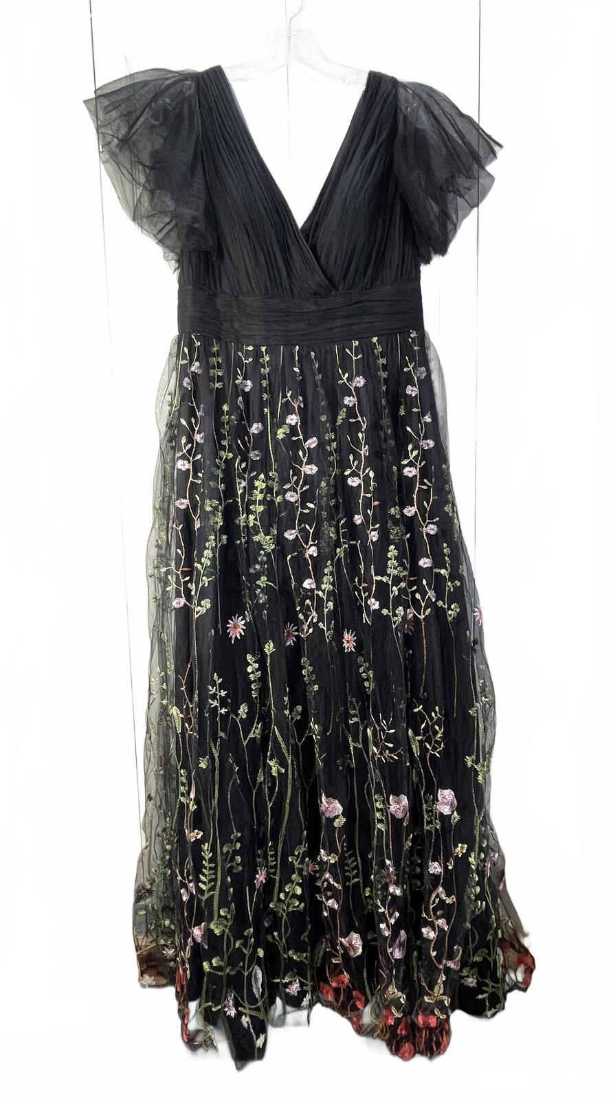 JJ's House Black Embroidered Floral Tulle Evening Dress with Ruffled Sleeves L