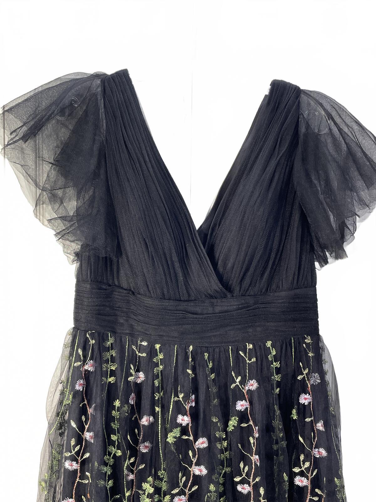 JJ's House Black Embroidered Floral Tulle Evening Dress with Ruffled Sleeves L