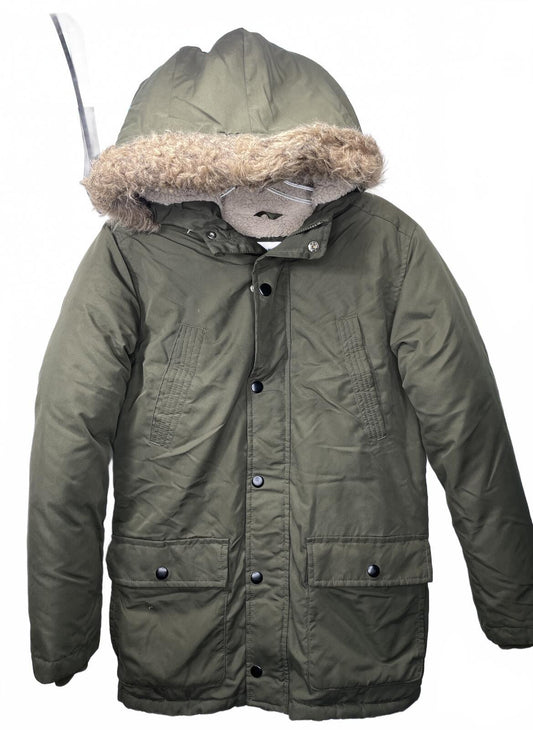 Old Navy Boys XL (14-16) Olive Green Hooded Winter Coat with Faux Fur Lining