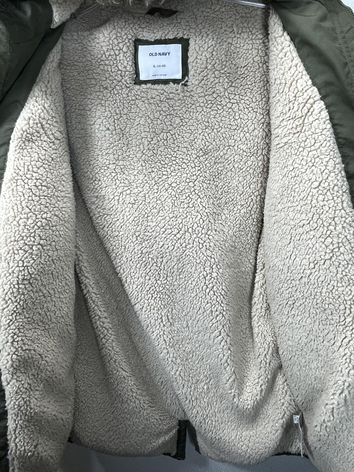 Old Navy Boys XL (14-16) Olive Green Hooded Winter Coat with Faux Fur Lining
