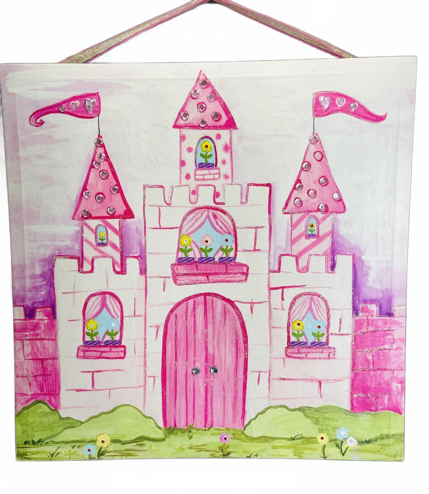 Canvas Art Pink Castle Wall Art with Bedazzled Embellishments 20x20