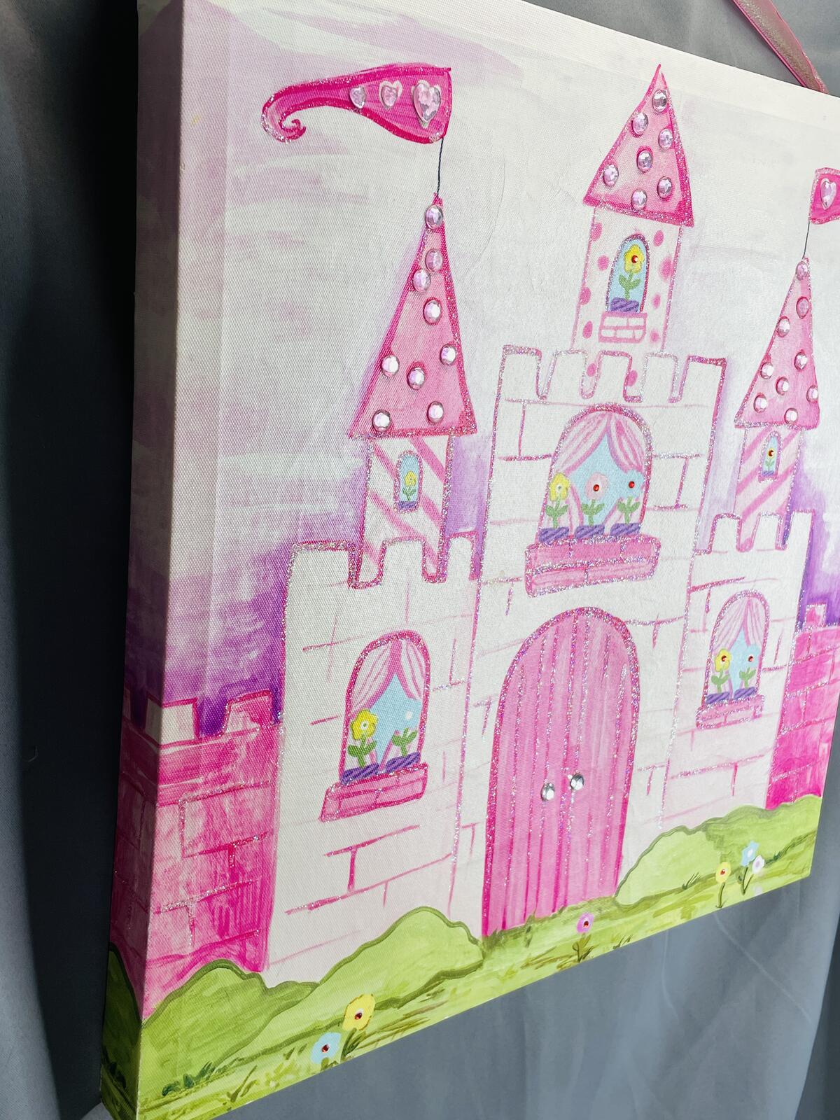 Canvas Art Pink Castle Wall Art with Bedazzled Embellishments 20x20