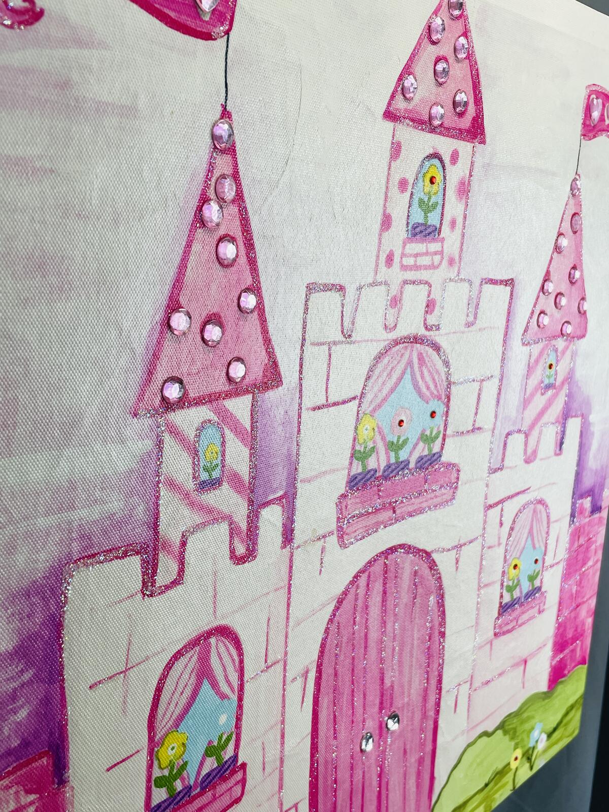 Canvas Art Pink Castle Wall Art with Bedazzled Embellishments 20x20