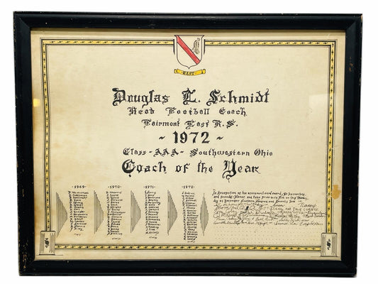 1972 Coach of the Year Award Plaque for Douglas E. Schmidt